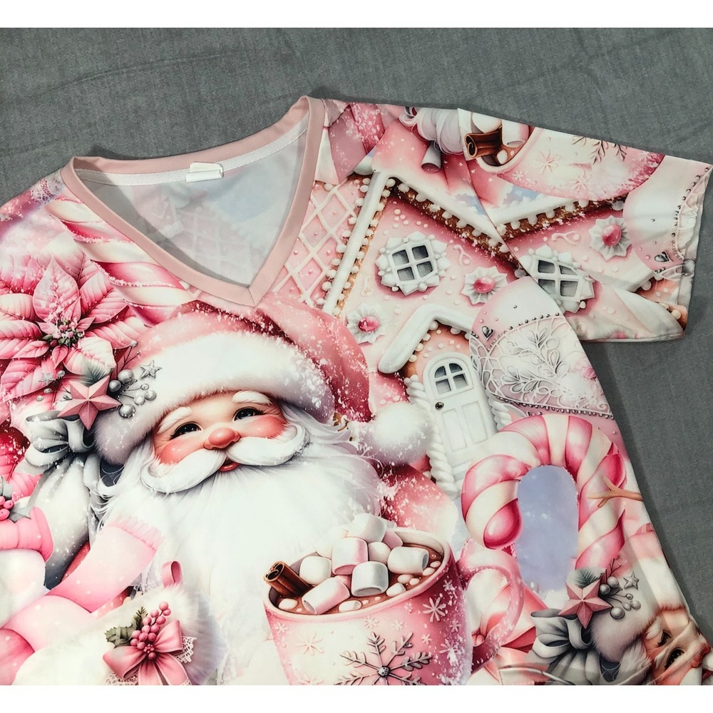 Scrub Top Women's XXL Pink Christmas Santa Claus Snowman Winter Candy Cane Cocoa